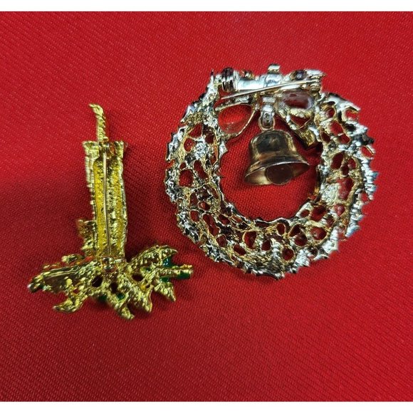 Christmas Pins/ Brooch Set of 2 Christmas Wreath & Bell & Candle Pins - Picture 4 of 9
